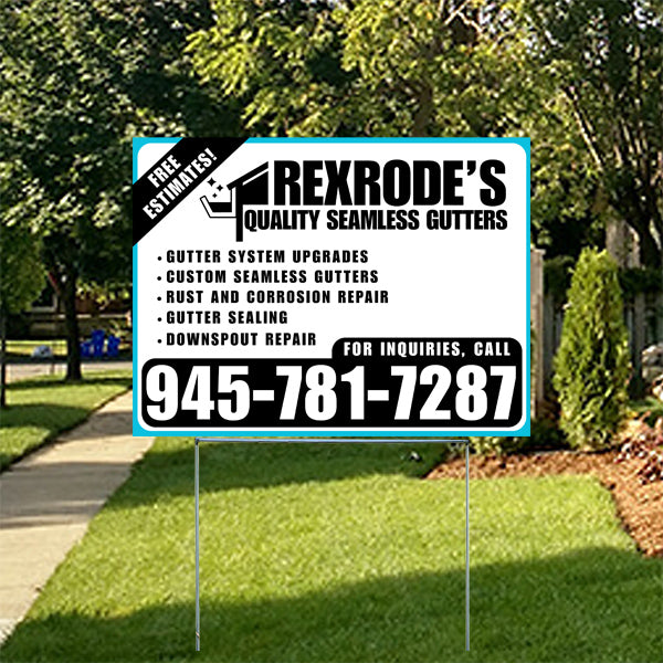 Outdoor sign advertising Rexrode's Quality Seamless Gutters featuring services like gutter system upgrades, custom seamless gutters, rust repair, gutter sealing, and downspout repair with a contact number 945-781-7287 amidst a suburban background.