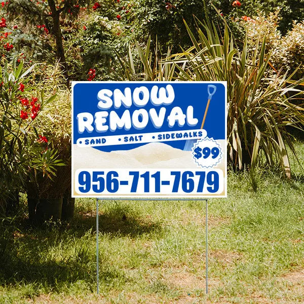Snow Removal - Sand, Salt, Sidewalks with Price Tag - Plain White Blue YardSigns.com
