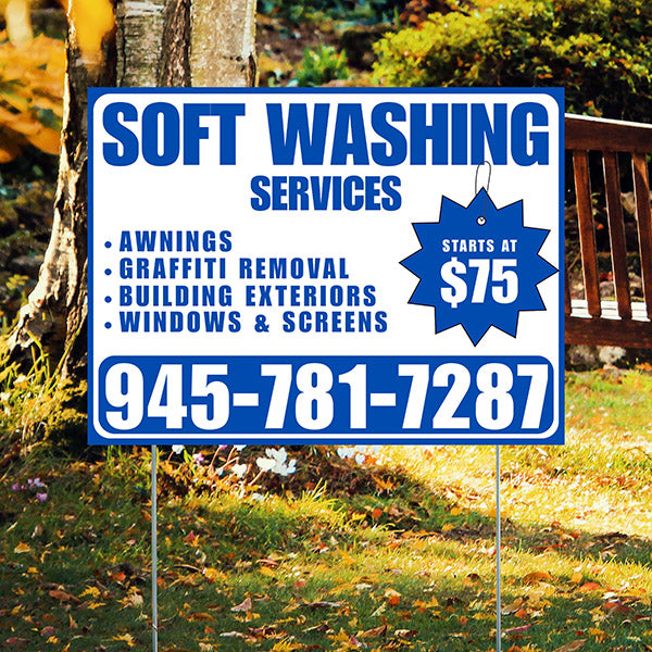 Soft Washing - Awnings, Graffiti Removal, Windows & Screens with Price Tag - Plain Blue White Design - YardSigns.com