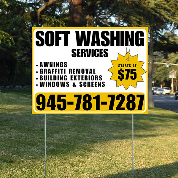 Soft Washing - Awnings, Graffiti Removal, Windows & Screens with Price Tag - Plain Mustard Gold White Design - YardSigns.com