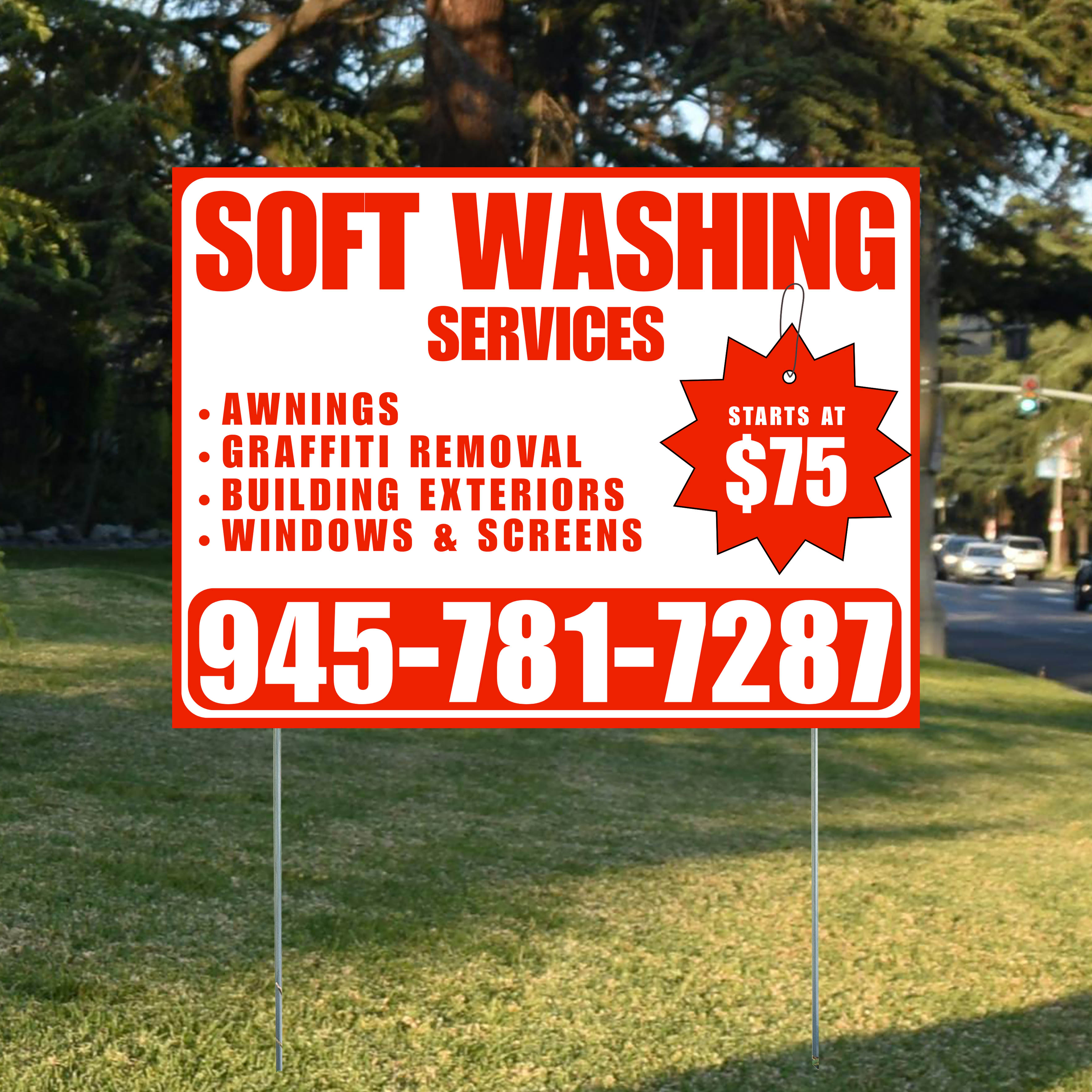 Soft Washing - Awnings, Graffiti Removal, Windows & Screens with Price Tag - Plain Chili Red White Design - YardSigns.com