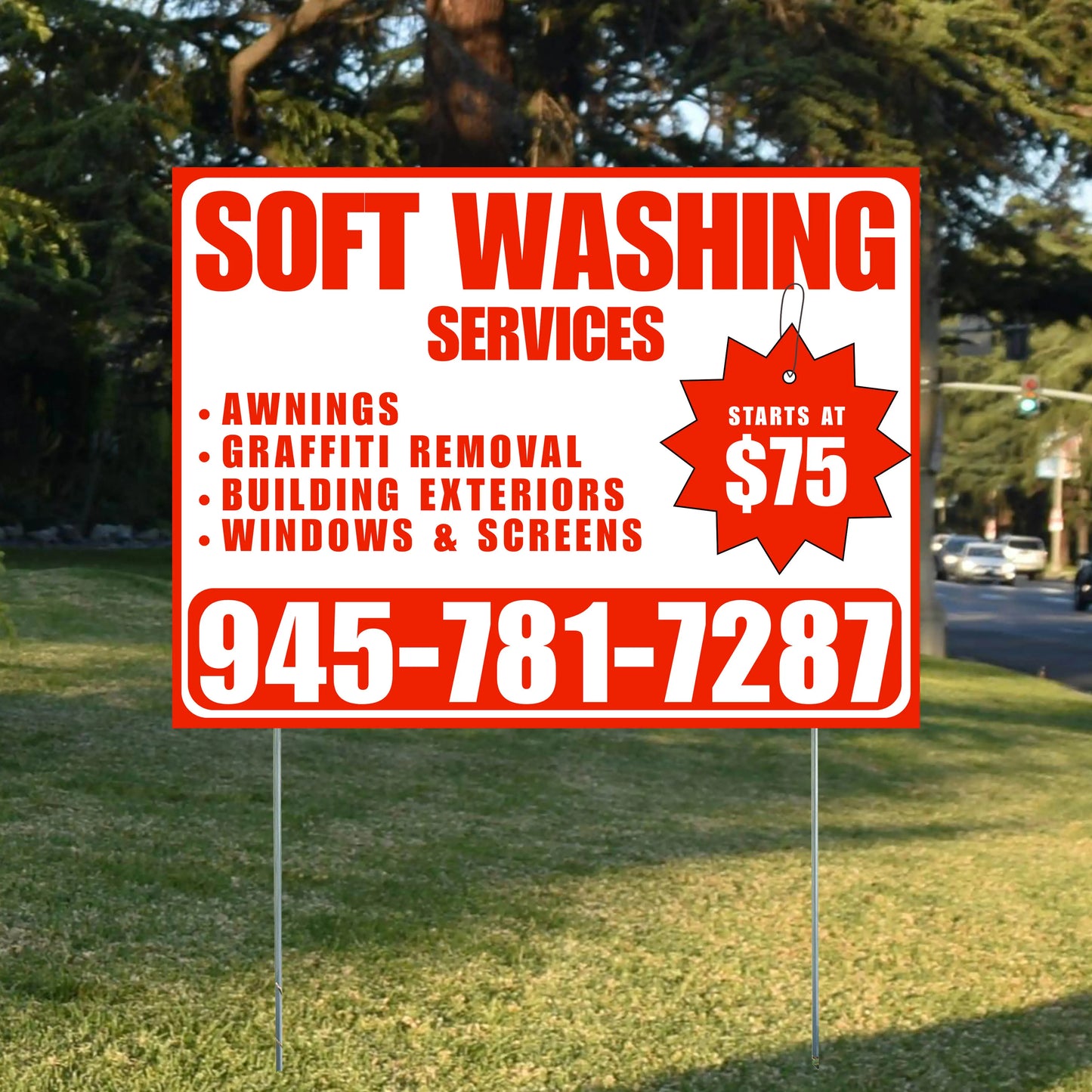 Soft Washing - Awnings, Graffiti Removal, Windows & Screens with Price Tag - Plain White Chili Red Design YardSigns.com