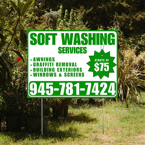 Soft Washing - Awnings, Graffiti Removal, Windows & Screens with Price Tag - Plain Green White Design YardSigns.com