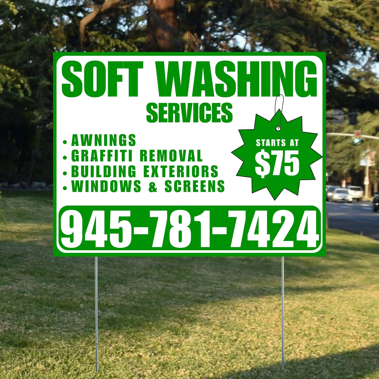 Soft Washing - Awnings, Graffiti Removal, Windows & Screens with Price Tag - Plain Green White Design YardSigns.com