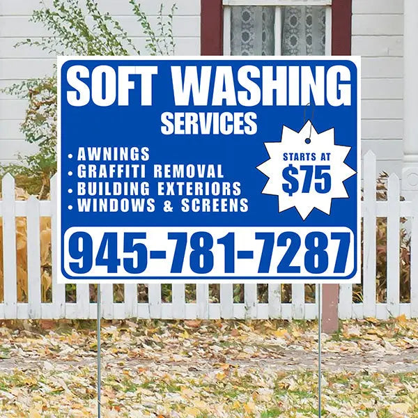 Soft Washing - Awnings, Graffiti Removal, Windows & Screens with Price Tag - Plain White Blue Design YardSigns.com