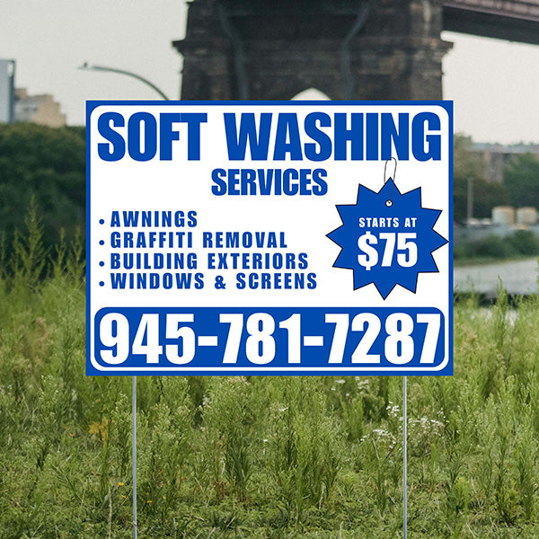 Soft Washing - Awnings, Graffiti Removal, Windows & Screens with Price Tag - Plain Blue White Design - YardSigns.com
