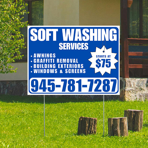 Soft Washing - Awnings, Graffiti Removal, Windows & Screens with Price Tag - Plain White Blue Design - YardSigns.com