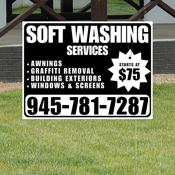 Soft Washing - Awnings, Graffiti Removal, Windows & Screens with Price Tag - Plain White Black Design - YardSigns.com