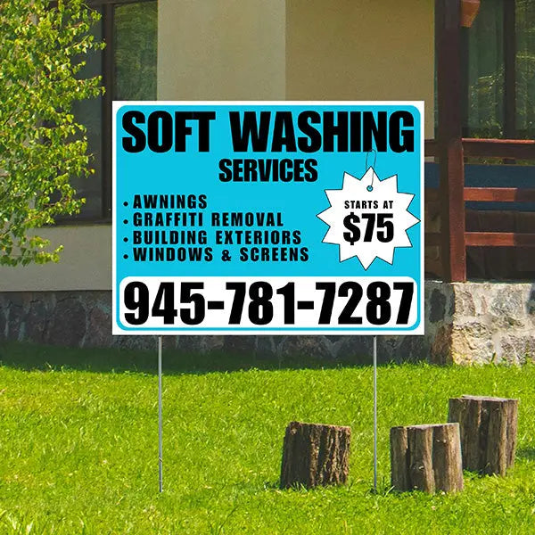 Soft Washing - Awnings, Graffiti Removal, Windows & Screens with Price Tag - Plain Aqua Blue White Design YardSigns.com