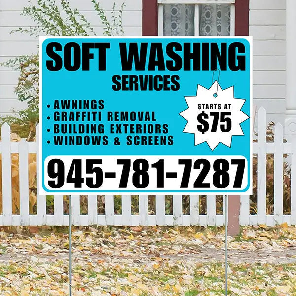 Soft Washing - Awnings, Graffiti Removal, Windows & Screens with Price Tag - Plain Aqua Blue White Design YardSigns.com
