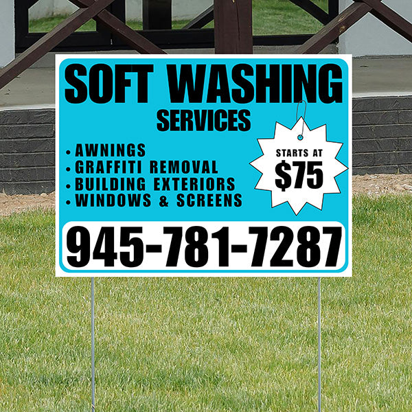 Soft Washing - Awnings, Graffiti Removal, Windows & Screens with Price Tag - Plain White Aqua Blue Design - YardSigns.com