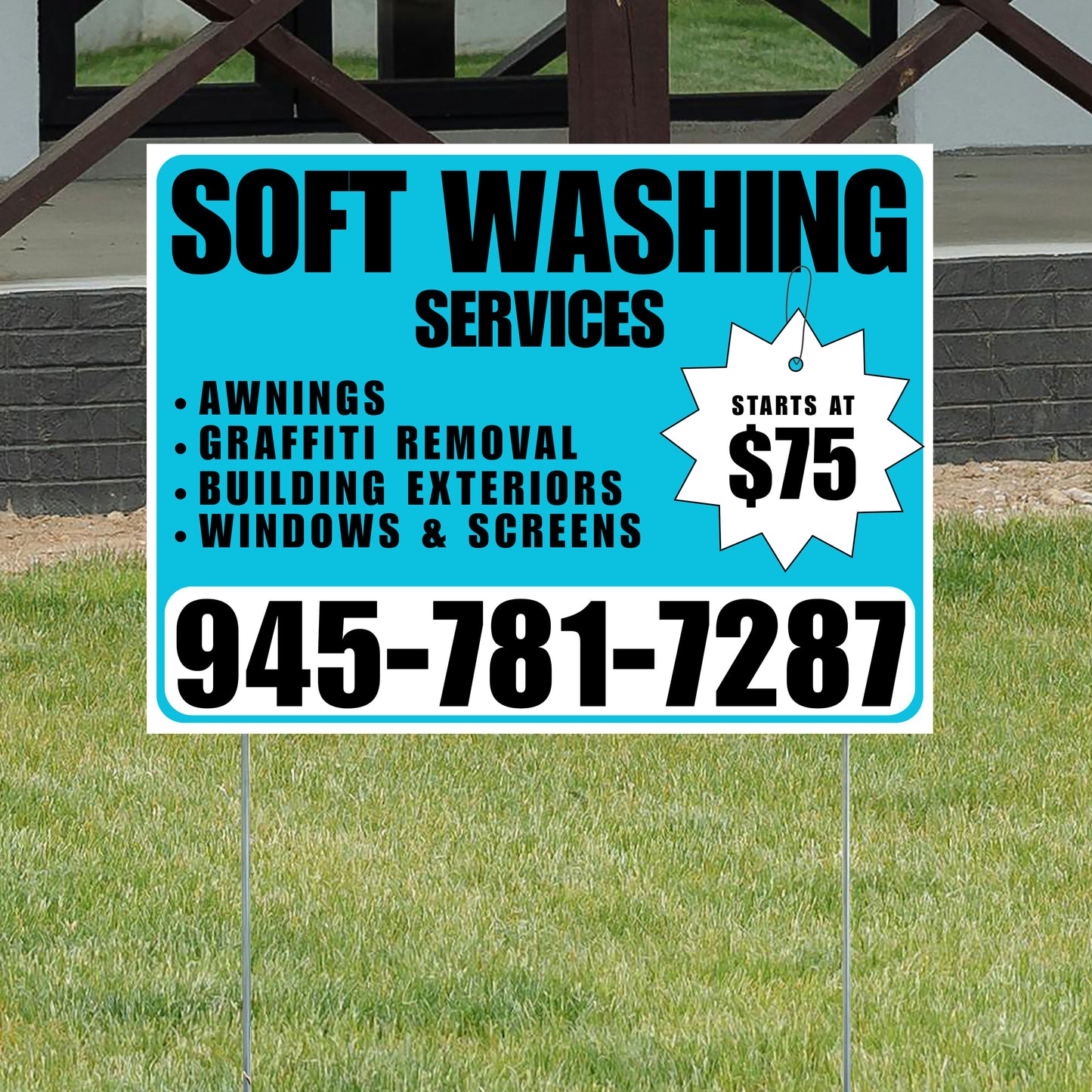 Soft Washing - Awnings, Graffiti Removal, Windows & Screens with Price Tag - Plain Aqua Blue White Design