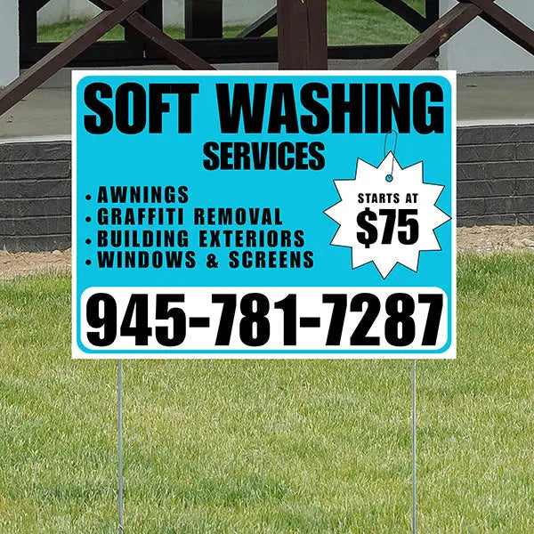 Soft Washing - Awnings, Graffiti Removal, Windows & Screens with Price Tag - Plain Aqua Blue White Design YardSigns.com