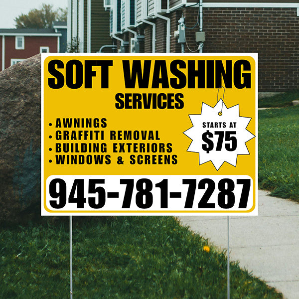 Soft Washing - Awnings, Graffiti Removal, Windows & Screens with Price Tag - Plain White Mustard Gold Design - YardSigns.com