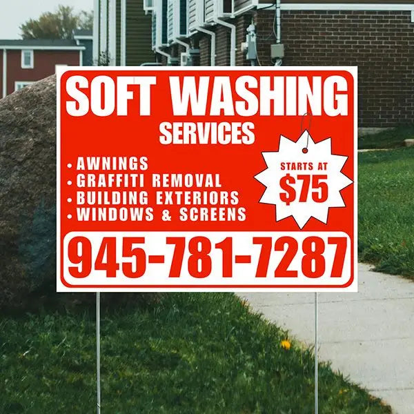 Soft Washing - Awnings, Graffiti Removal, Windows & Screens with Price Tag - Plain Chili Red White Design YardSigns.com