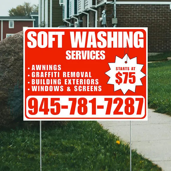Soft Washing - Awnings, Graffiti Removal, Windows & Screens with Price Tag - Plain Chili Red White Design YardSigns.com