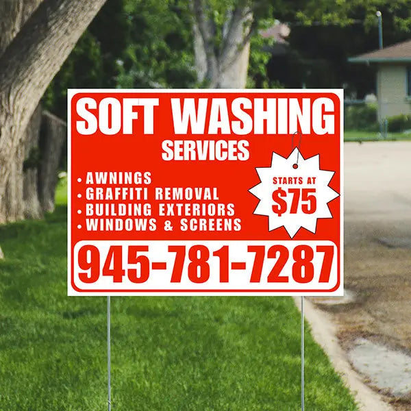Soft Washing - Awnings, Graffiti Removal, Windows & Screens with Price Tag - Plain Chili Red White Design YardSigns.com
