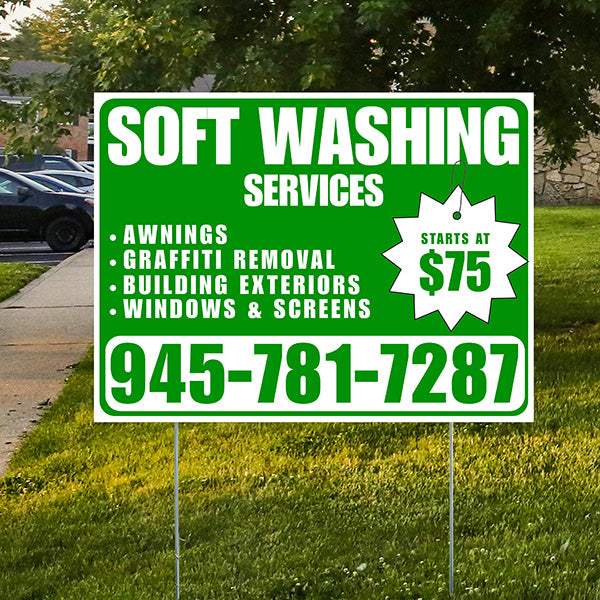 Soft Washing - Awnings, Graffiti Removal, Windows & Screens with Price Tag - Plain White Green Design - YardSigns.com