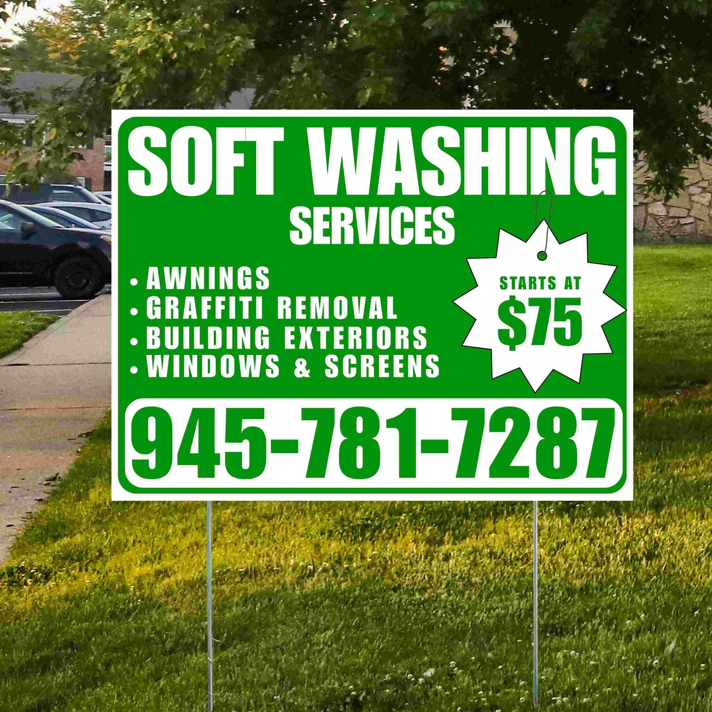 Soft Washing - Awnings, Graffiti Removal, Windows & Screens with Price Tag - Plain White Green Design YardSigns.com