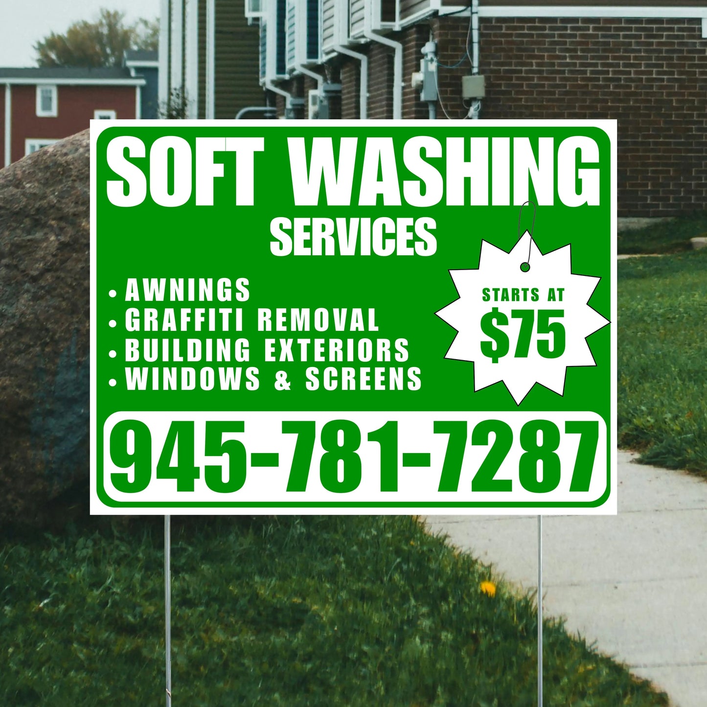 Soft Washing - Awnings, Graffiti Removal, Windows & Screens with Price Tag - Plain White Green Design YardSigns.com