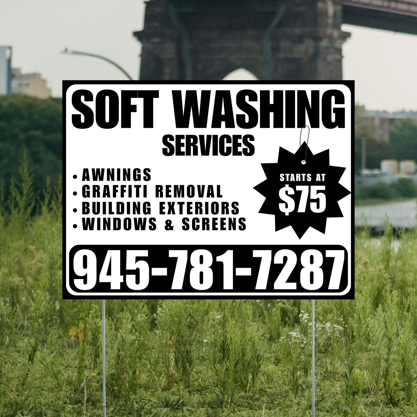 Soft Washing - Awnings, Graffiti Removal, Windows & Screens with Price Tag - Plain Black White Design YardSigns.com