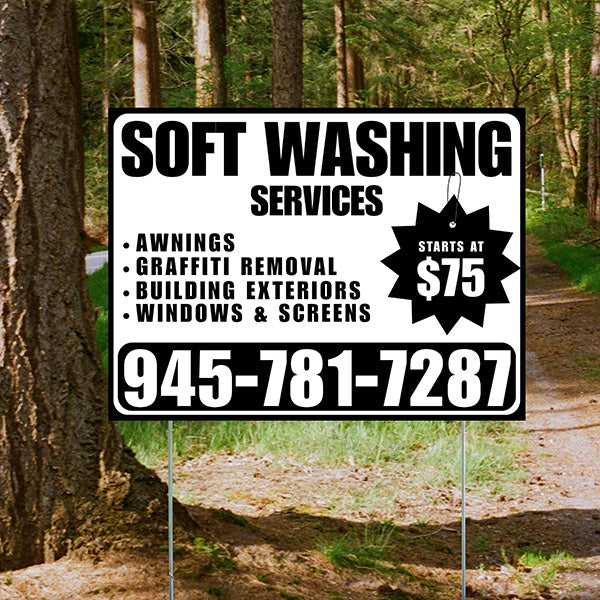 Soft Washing - Awnings, Graffiti Removal, Windows & Screens with Price Tag - Plain Black White Design - YardSigns.com