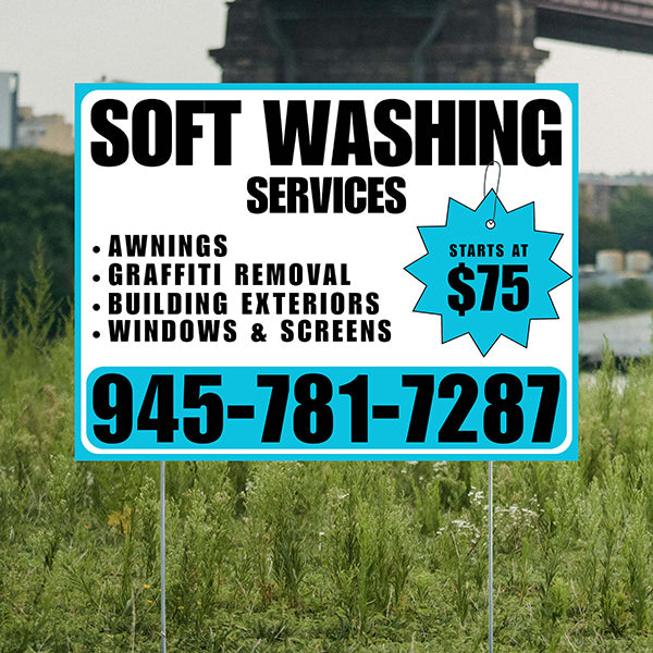 Soft Washing - Awnings, Graffiti Removal, Windows & Screens with Price Tag - Plain Aqua Blue White Design - YardSigns.com