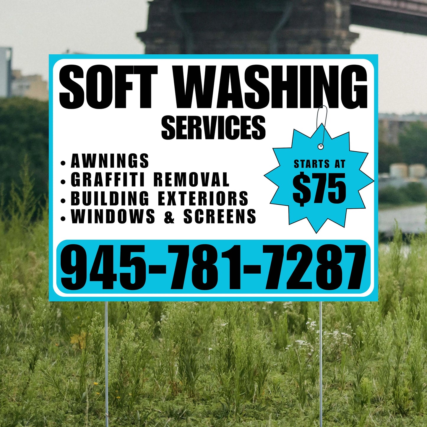 Soft Washing - Awnings, Graffiti Removal, Windows & Screens with Price Tag - Plain White Aqua Blue Design YardSigns.com