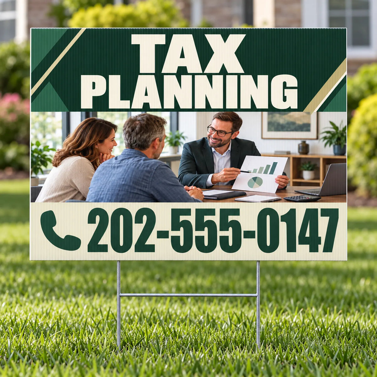 A lawn sign for tax planning featuring a dark green and cream design with the words 'TAX PLANNING' and a phone number, displayed on a green lawn with a blurred background of a residential yard and people in a meeting.