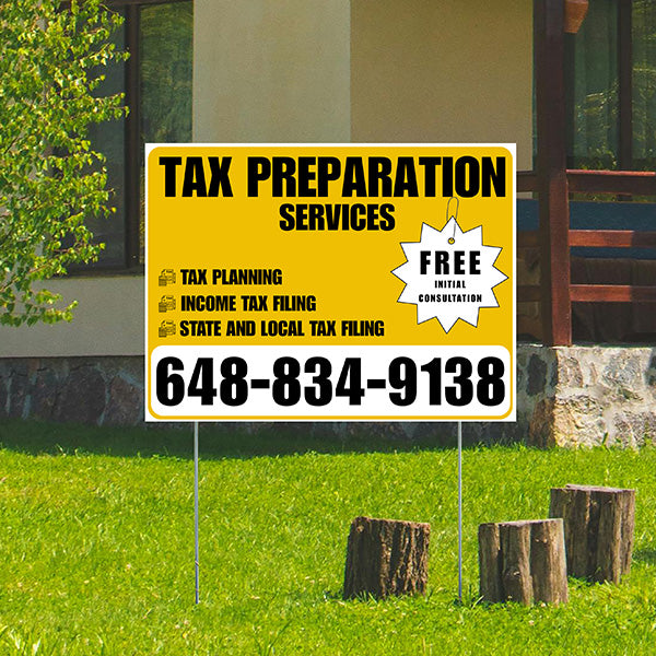 Tax Preparation Services - Tax Planning, Income Tax Filing, State and Local Tax Filing with Free Initial Consultation - Plain Mustard Gold White Design - YardSigns.com