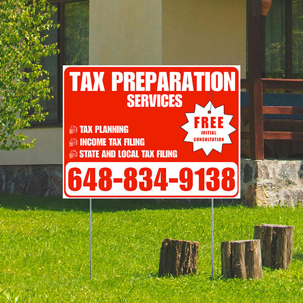 Tax Preparation Services - Tax Planning, Income Tax Filing, State and Local Tax Filing with Free Initial Consultation - Plain Chili Red White Design - YardSigns.com