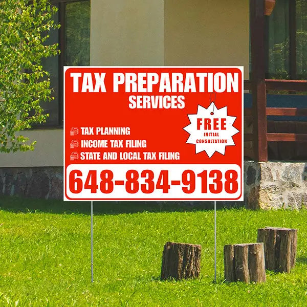 Tax Preparation Services - Tax Planning, Income Tax Filing, State and Local Tax Filing with Free Initial Consultation - Plain Chili Red White Design YardSigns.com