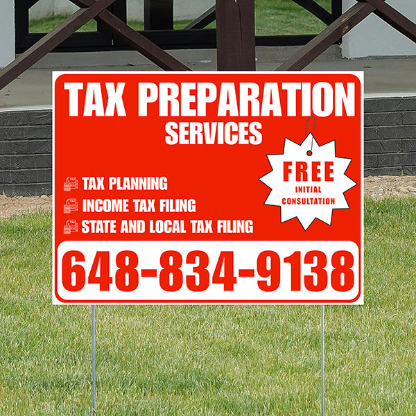 Tax Preparation Services - Tax Planning, Income Tax Filing, State and Local Tax Filing with Free Initial Consultation - Plain Chili Red White Design - YardSigns.com