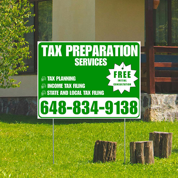 Tax Preparation Services - Tax Planning, Income Tax Filing, State and Local Tax Filing with Free Initial Consultation - Plain Green White Design - YardSigns.com