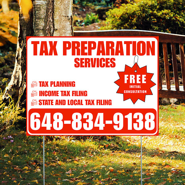 Tax Preparation Services - Tax Planning, Income Tax Filing, State and Local Tax Filing with Free Initial Consultation - Plain White Chili Red Design - YardSigns.com