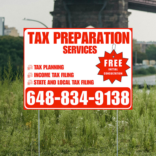 Tax Preparation Services - Tax Planning, Income Tax Filing, State and Local Tax Filing with Free Initial Consultation - Plain White Chili Red Design - YardSigns.com