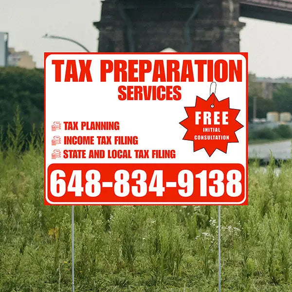 Tax Preparation Services - Tax Planning, Income Tax Filing, State and Local Tax Filing with Free Initial Consultation - Plain White Chili Red Design YardSigns.com