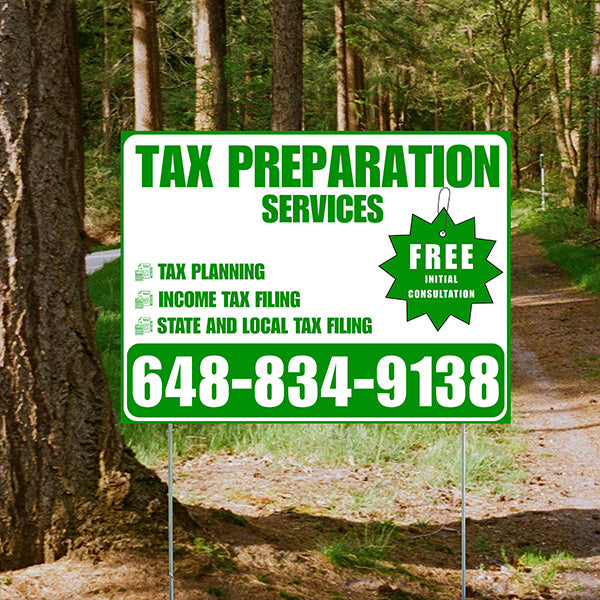 Tax Preparation Services - Tax Planning, Income Tax Filing, State and Local Tax Filing with Free Initial Consultation - Plain White Green Design - YardSigns.com