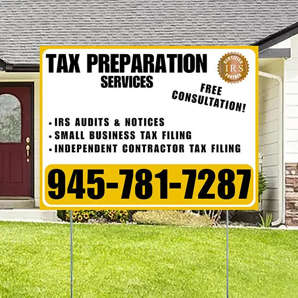 Tax Preparation Services - IRS Audits & Notices, Small Business Tax Filing, Independent Contractor Tax Filing - Plain Mustard Gold White Design YardSigns.com