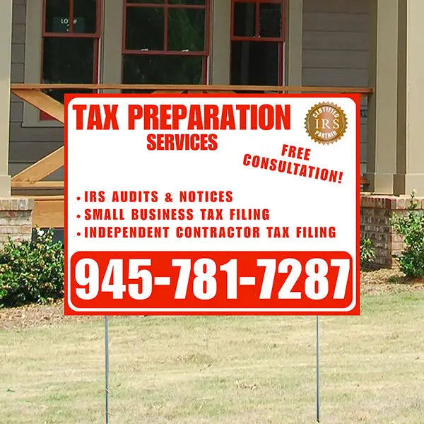Tax Preparation Services - IRS Audits & Notices, Small Business Tax Filing, Independent Contractor Tax Filing - Plain Chili Red White Design YardSigns.com