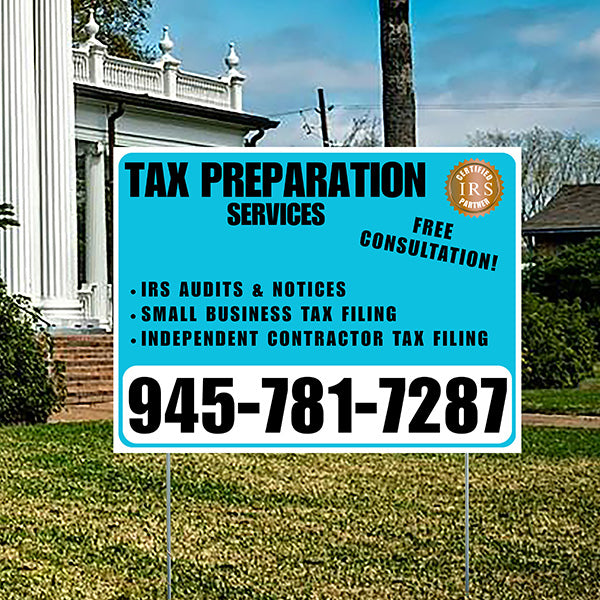 Tax Preparation Services - IRS Audits & Notices, Small Business Tax Filing, Independent Contractor Tax Filing - Plain White Aqua Blue Design - YardSigns.com