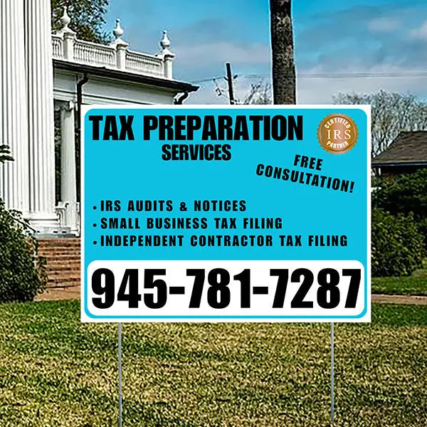 Tax Preparation Services - IRS Audits & Notices, Small Business Tax Filing, Independent Contractor Tax Filing - Plain Aqua Blue White Design YardSigns.com