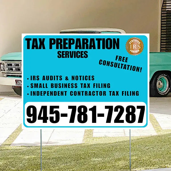 Tax Preparation Services - IRS Audits & Notices, Small Business Tax Filing, Independent Contractor Tax Filing - Plain Aqua Blue White Design YardSigns.com
