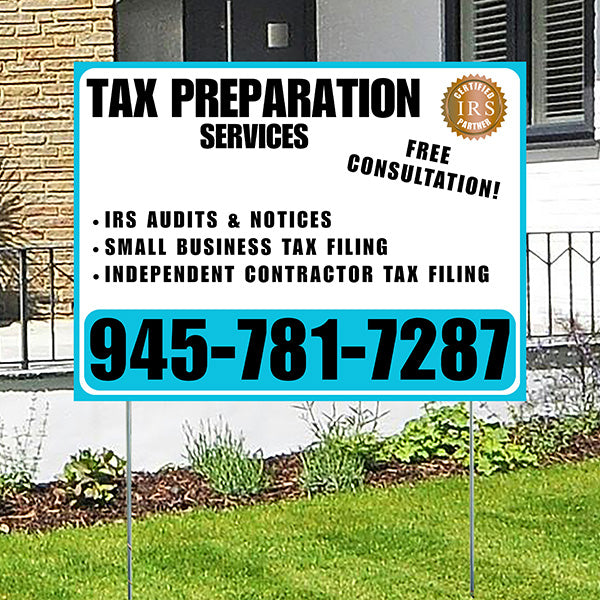 Tax Preparation Services - IRS Audits & Notices, Small Business Tax Filing, Independent Contractor Tax Filing - Plain Aqua Blue White Design - YardSigns.com