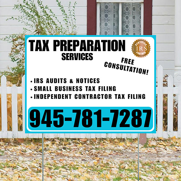 Tax Preparation Services - IRS Audits & Notices, Small Business Tax Filing, Independent Contractor Tax Filing - Plain Aqua Blue White Design - YardSigns.com