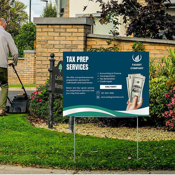 Tax preparation services sign on lawn, featuring a list of services including accounting, tax declaration, and credit repair, with contact information for Fauget Company.