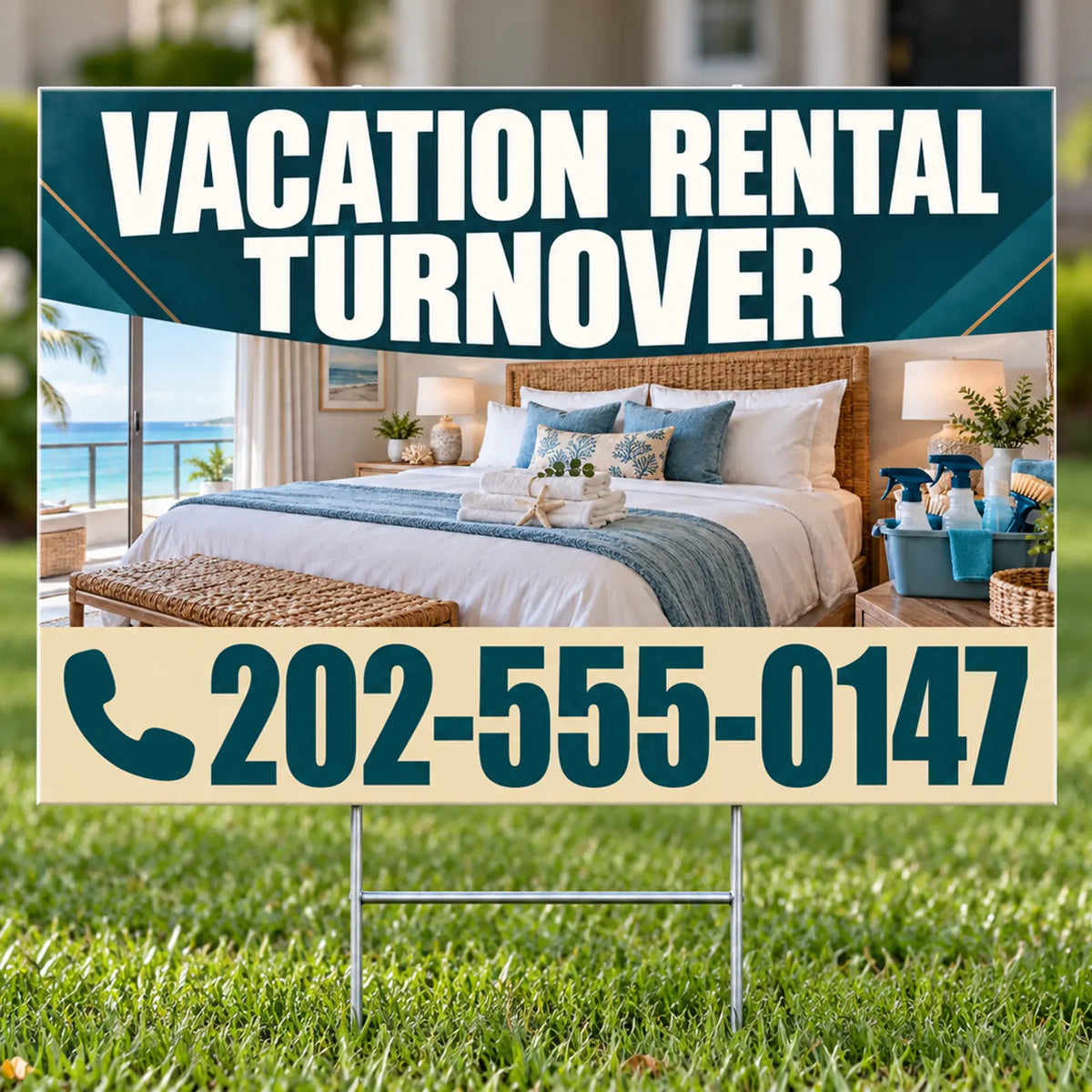 Cleaners/Maids Signs - Vacation Rental Turnover Yard Sign - Coastal Teal & Sand - 24 x 18 YardSigns.com