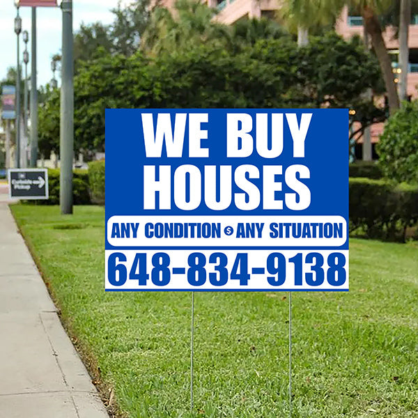 Real Estate - We Buy Houses - Any Condition - Plain Blue White Design - YardSigns.com