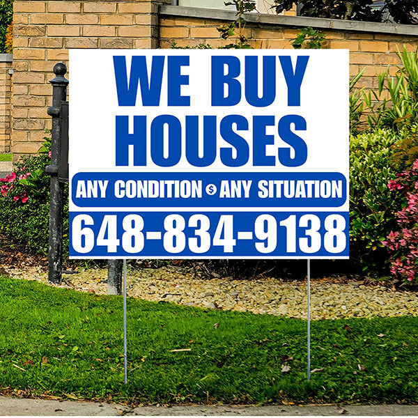 Real Estate - We Buy Houses - Any Condition - Plain White Blue Design - YardSigns.com