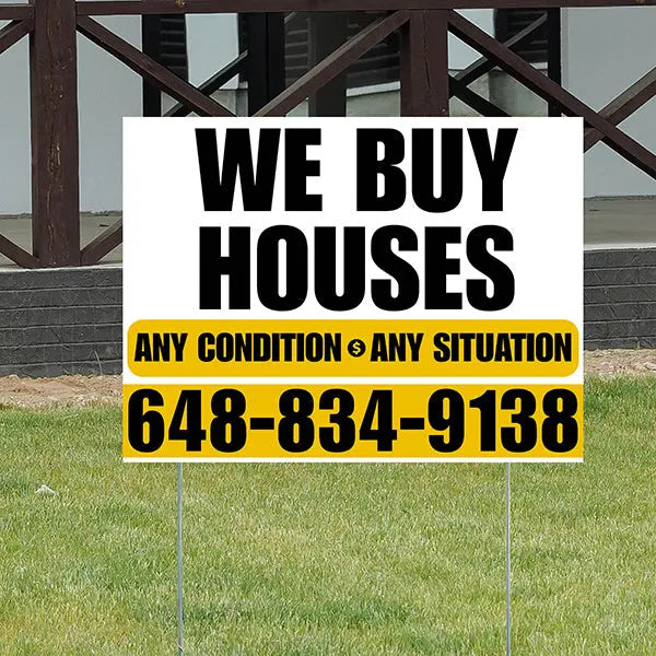 Real Estate - We Buy Houses - Any Condition - Plain White Mustard Gold Design YardSigns.com